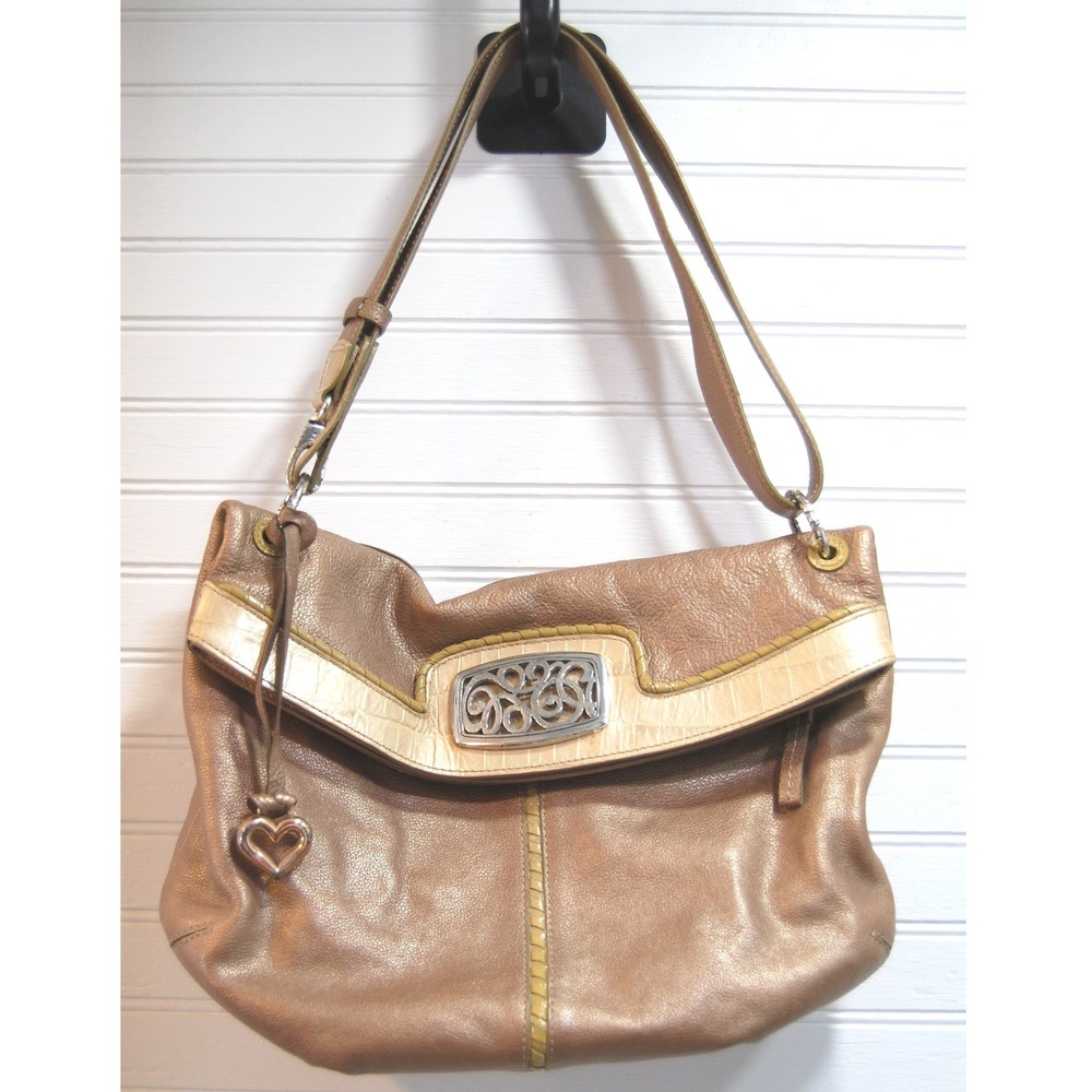 Vintage Brighton Hobo Purse Y2K‎ Fold over Leather Shoulder bag Metallic Beige
